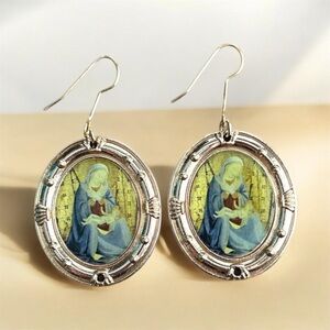 Oval Religious Icon Earrings – Virgin Mary & Child Art